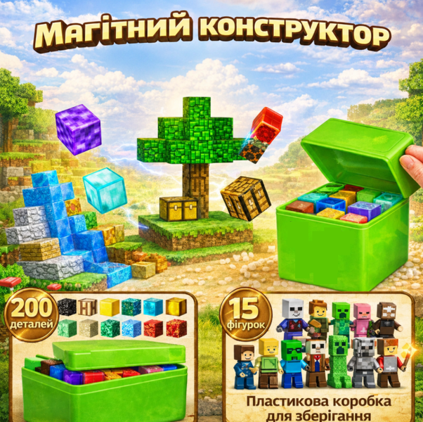 Магнитный конструктор в стиле известной игры 200 кубиков 15 фигурок пластиковый бокс для хранения детский набор для игры и развития bx20001 фото
